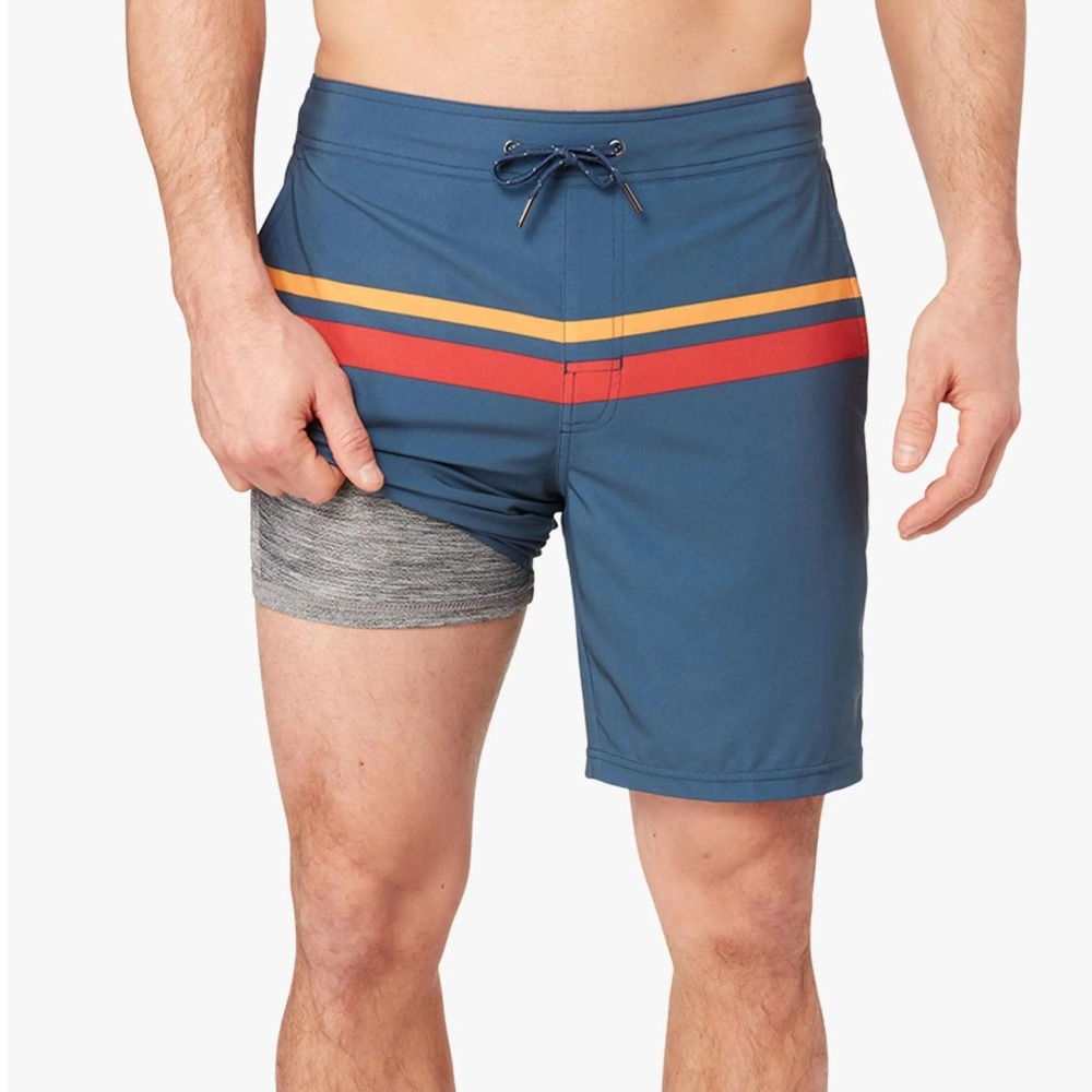 NWT Fair Harbor Ozone Swim Trunks Blue Red Orange Striped BreezeKnit Liner XXL